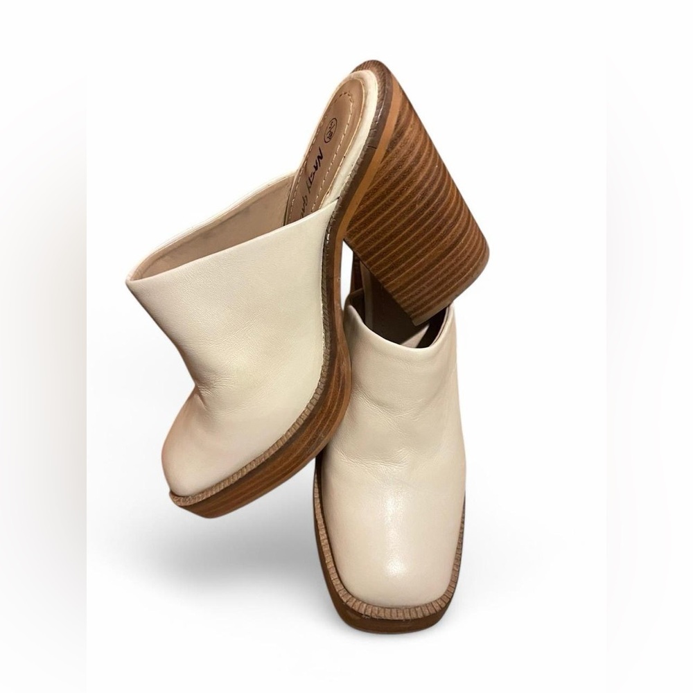 Nasty Gal Cream and Brown Mules with Chunky Wooden Heel